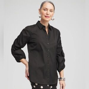 CHICO’S NWT 4 Poplin Ruched Sleeve Shirt in Black • Cotton Blend Elevated Basic